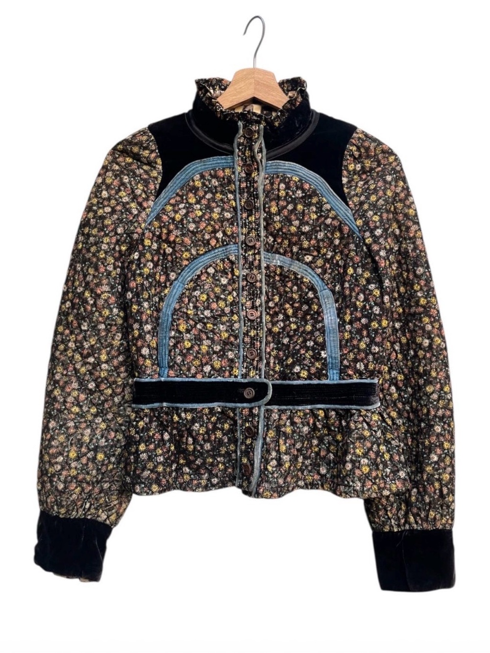 RARE Tsumori Chisato Vintage Cropped Quilted Floral Jacket Velvet Trim
